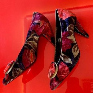 Vintage 80s Crushed Velvet Kitten Heels - Floral